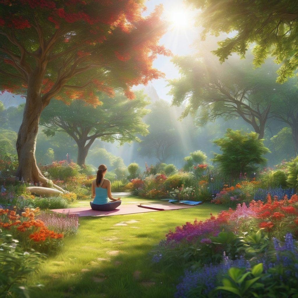 A serene nature landscape featuring a diverse group of people engaged in various wellness activities, such as yoga, meditation, and gardening, symbolizing mental and physical healing. Include soft sunlight filtering through trees and elements of tools (like a toolkit or journal) representative of wellness. Show vibrant flowers and greenery to evoke a sense of hope and recovery. super-realistic. vibrant colors. peaceful atmosphere.