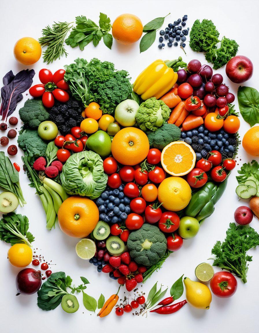 A colorful arrangement of fresh, organic fruits and vegetables forming a heart shape, surrounded by herbs and spices. In the background, a serene landscape symbolizing holistic health, with a person practicing yoga. Include a soft glow to emphasize wellness and vitality. watercolors. vibrant colors. white background.