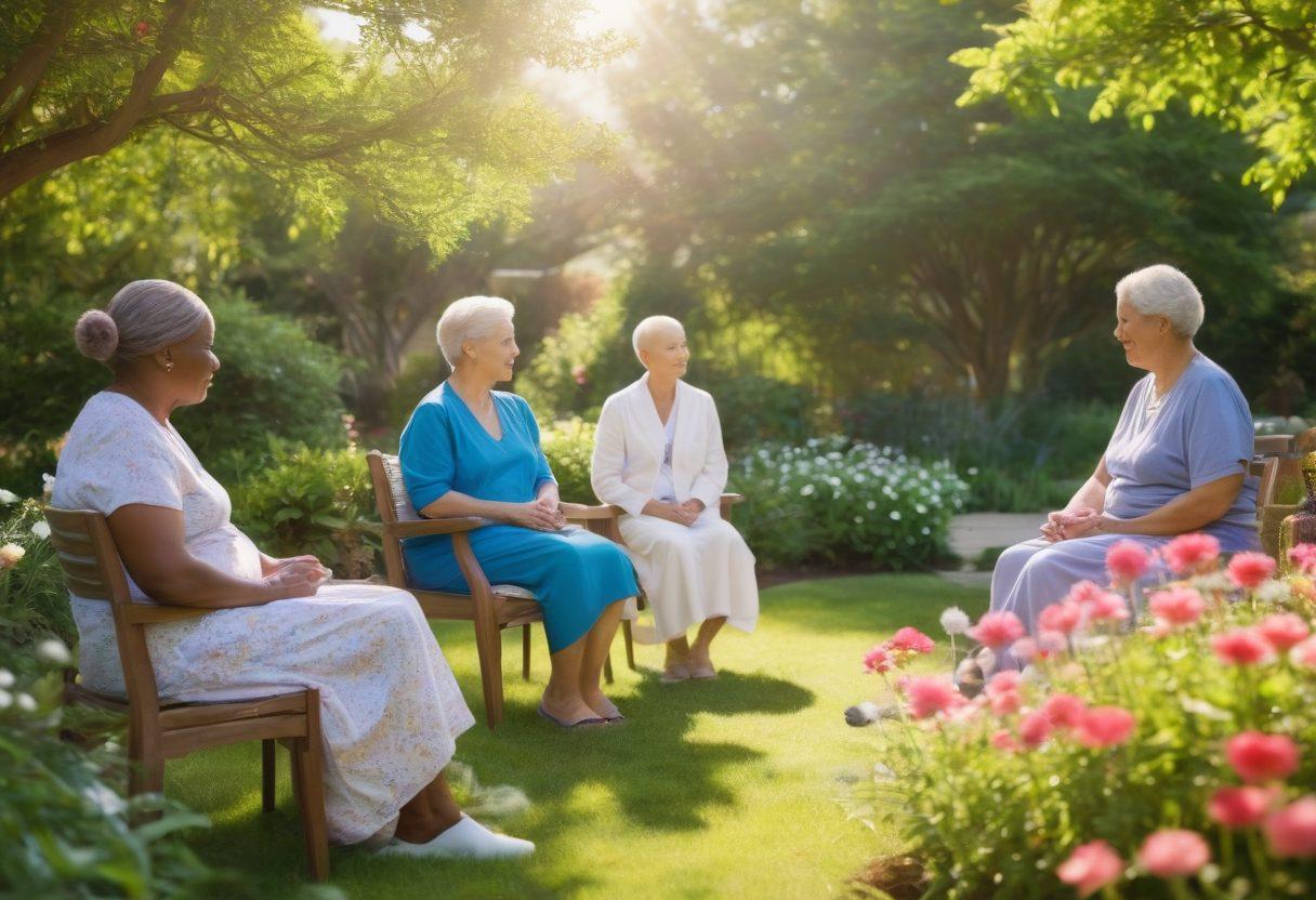 A serene and uplifting scene featuring a diverse group of cancer patients and caregivers sharing wellness tips in a sunlit garden. Bright flowers surrounding them symbolize hope and resilience, while soft, warm light creates an inviting atmosphere. Include elements of nature like trees and a gentle breeze to evoke tranquility. Super-realistic. Vibrant colors. Soft focus.